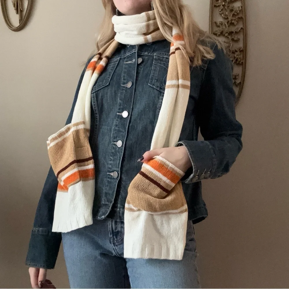 Stitches in Time Striped Knit Scarf in Cream and Orange